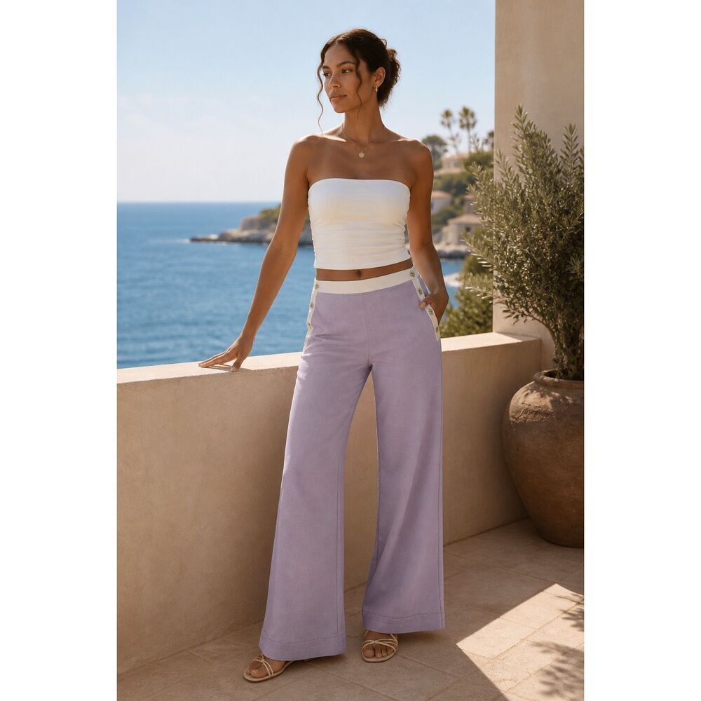 Anthropologie x Maeve linen side button Flare Wide Leg trousers Size 16 Lilac Pu